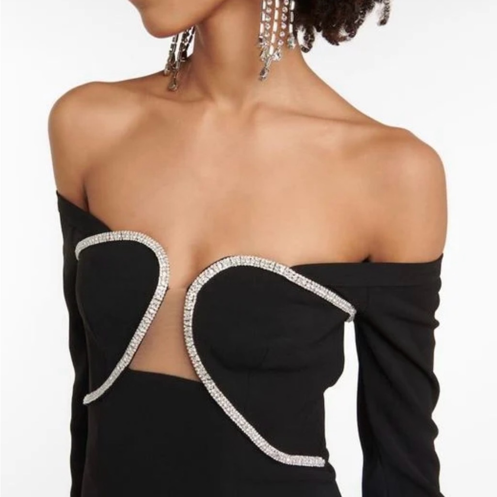 Self Portrait Black Off Shoulder Heavy Crepe Midi Dress